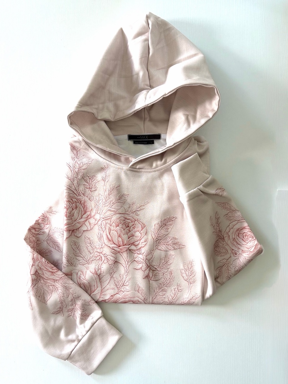 Max Studio Pale Blush Floral print Fleece lined polyester Hoodie sz L